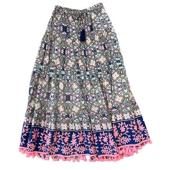 Naudic Womens Tiered Tropical Maxi Skirt Size XS Boho Cottage Embroidered Tassel - Picture 1 of 11